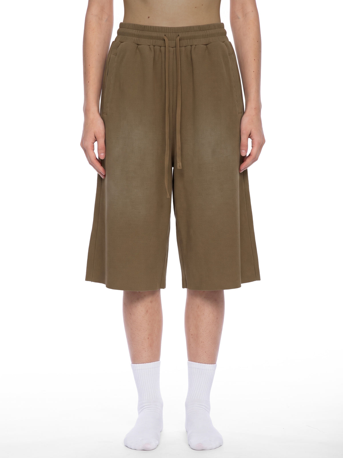 Off Script Unisex Sunfade Raw Edge Shorts Coffee model front view