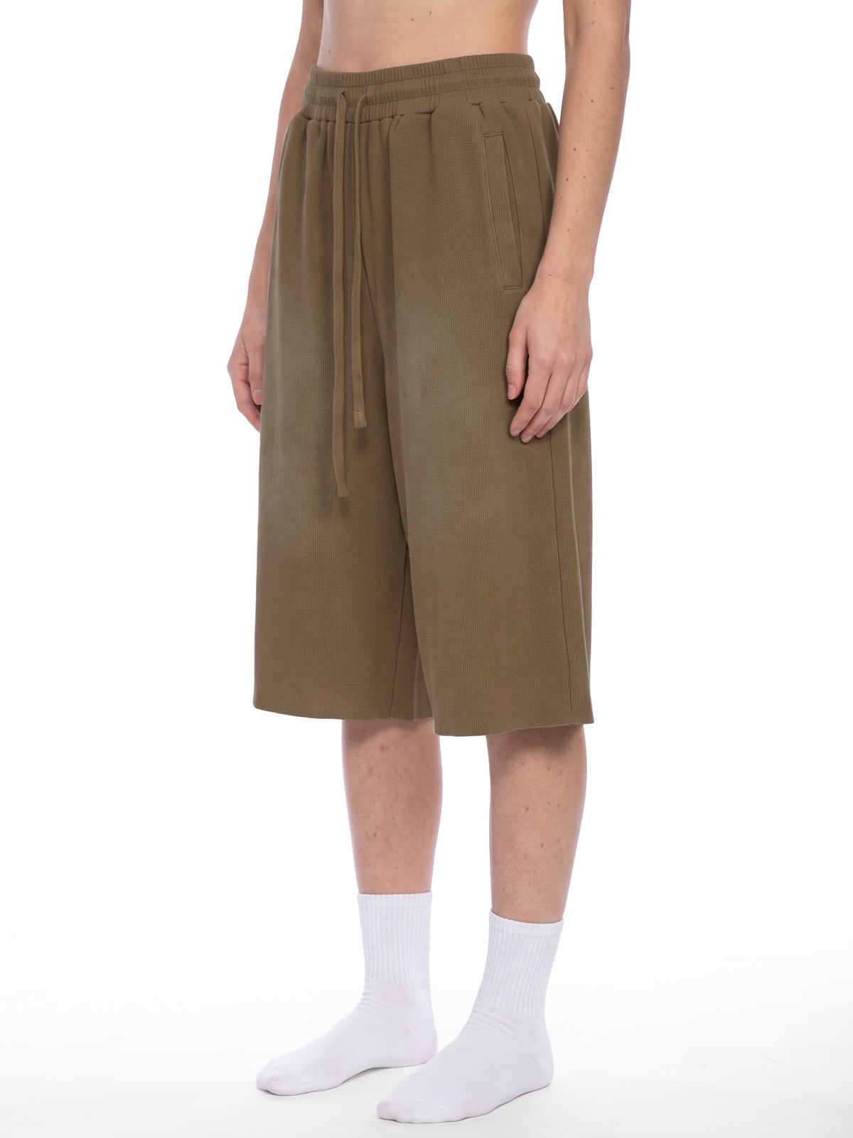 Off Script Unisex Sunfade Raw Edge Shorts Coffee model three-quarter view