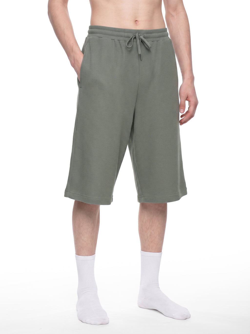 Off Script Unisex Waffle Shorts model three-quarter view