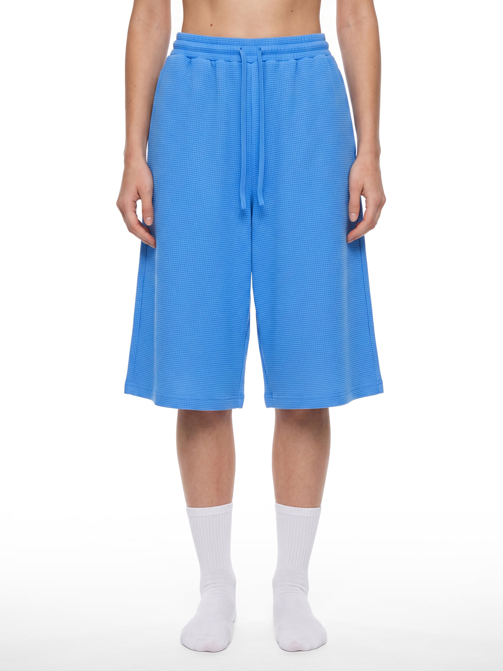 Off Script Unisex Waffle Shorts Colourful Blue model front view