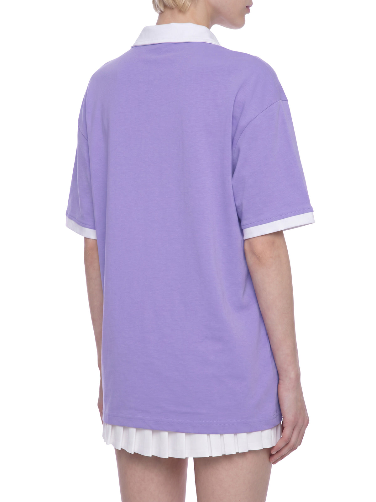 Off Script Unisex Color Block Polo Shirt on female model back three-quarter view