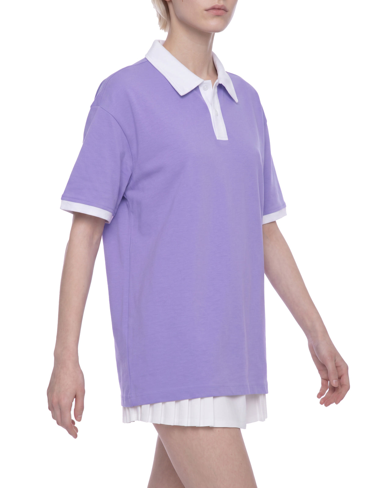 Off Script Unisex Color Block Polo Shirt on female model casual front view
