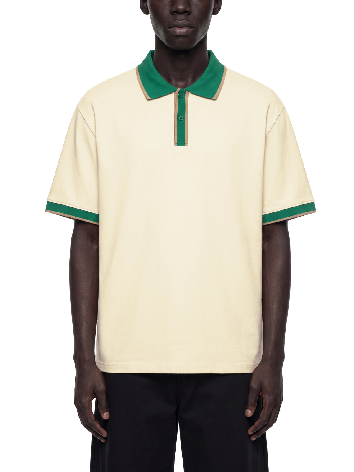 Off Script Unisex Color Block Polo Shirt on male model front view