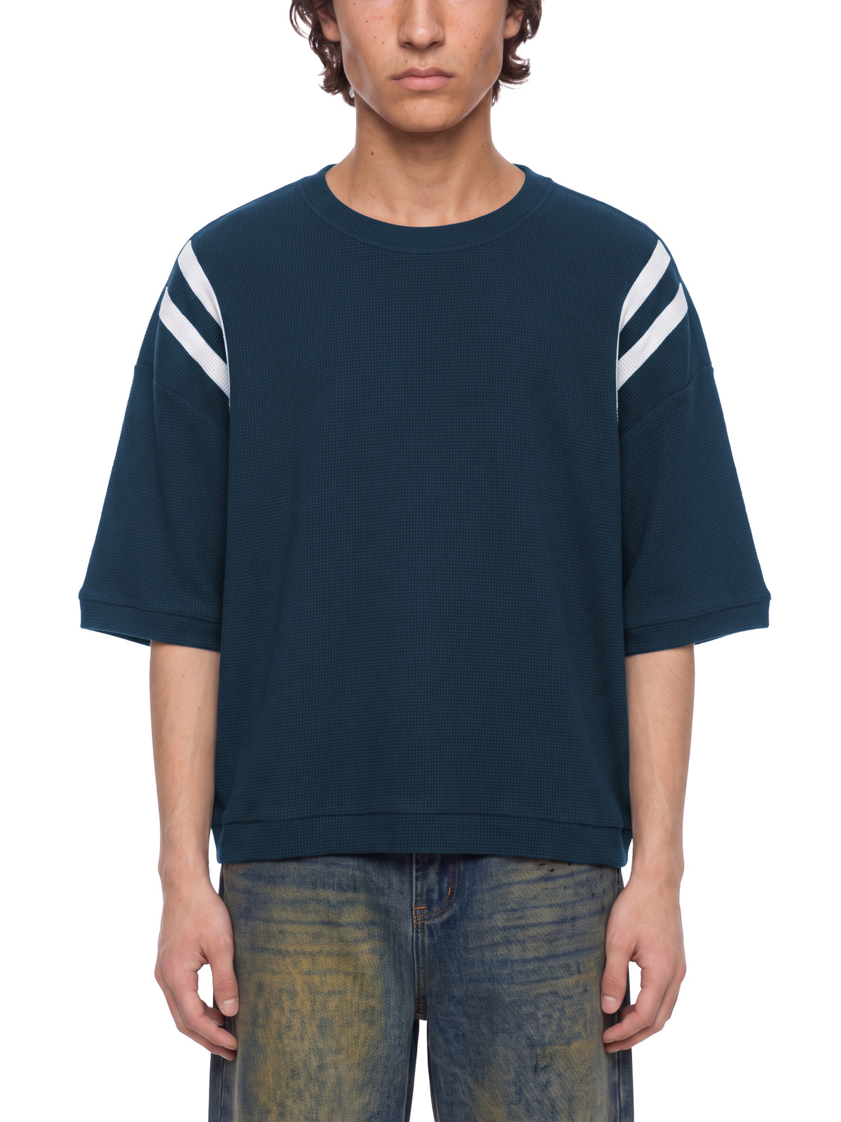 Off Script Unisex Color Block Waffle Boxy T-Shirt on male model front view