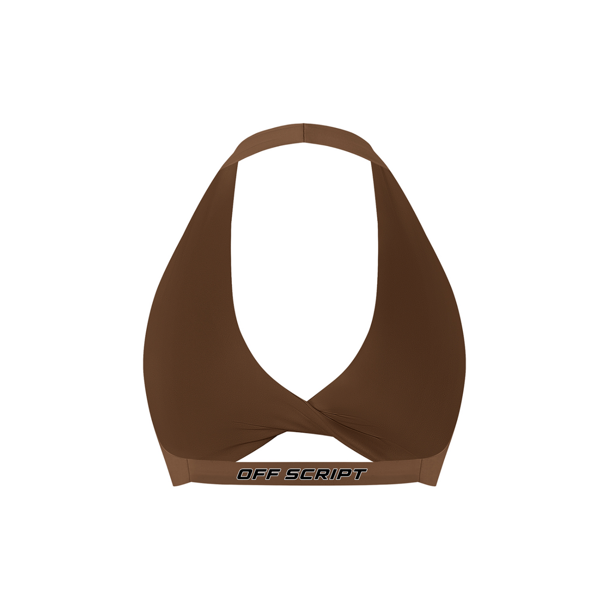 Off Script Women’s Pleated Halter Sports Bra Brown back mockup