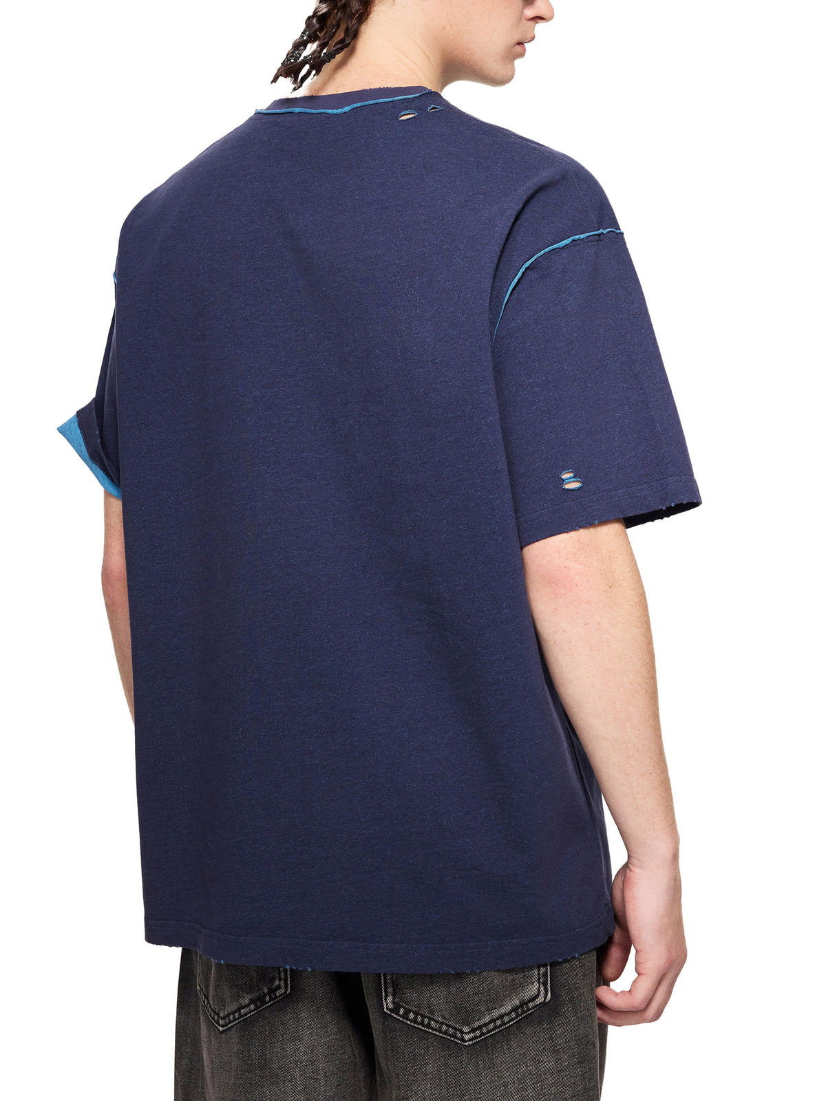 Unisex Hand-Frayed Reversible T-Shirt in Navy Blue with Light Blue - model back view