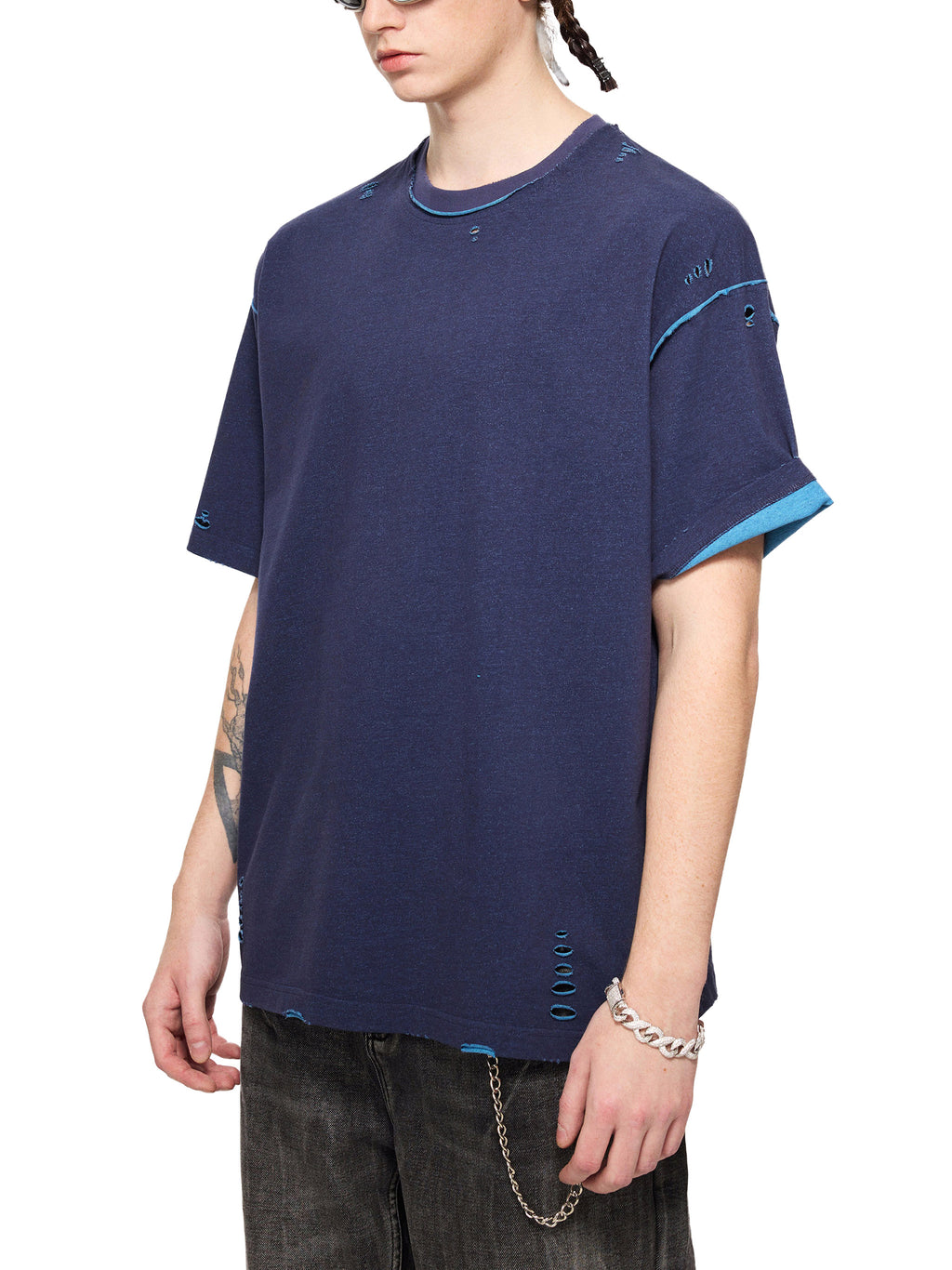 Unisex Hand-Frayed Reversible T-Shirt in Navy Blue with Light Blue - model rear angled view