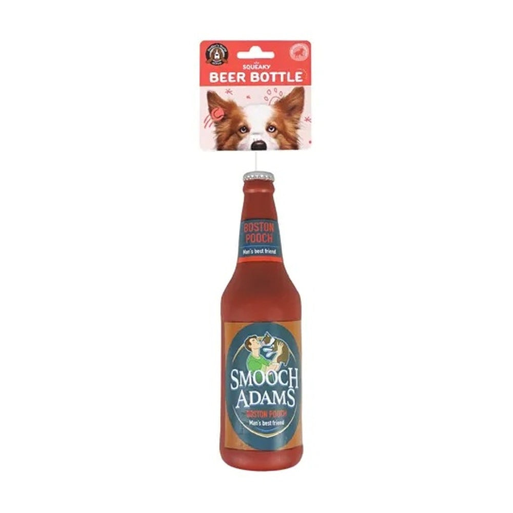 Brown beverage bottle squeaky dog toy