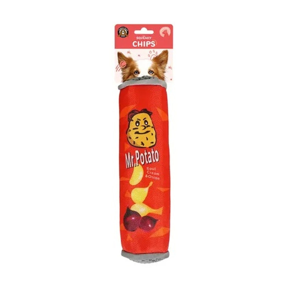 Red can squeaky and crinkly chips dog toy