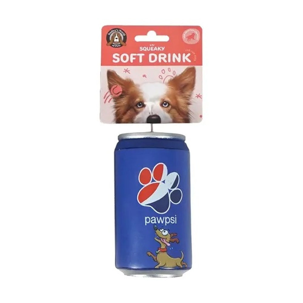 Blue squeaky soft drink can dog toy