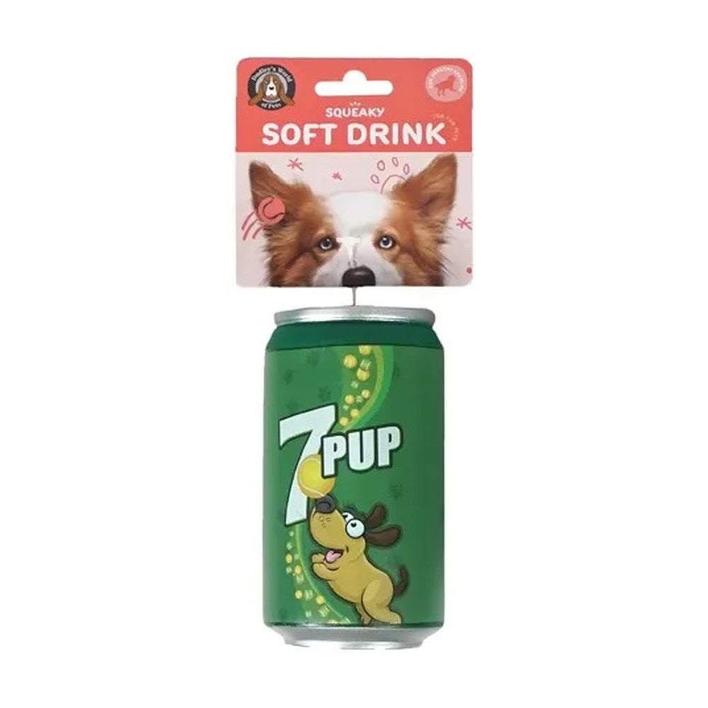 Green squeaky soft drink can dog toy
