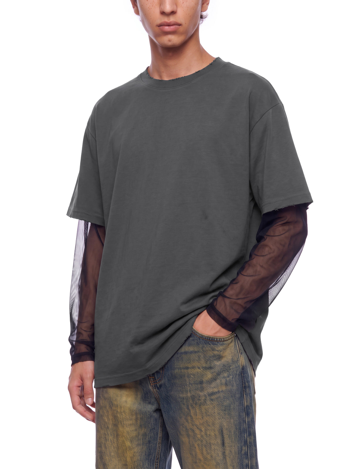 Unisex Sunfade Layer T-Shirt dark gray model three-quarter view