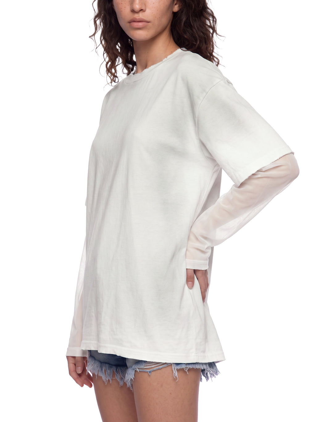 Unisex Sunfade Layer T-Shirt white model three-quarter view