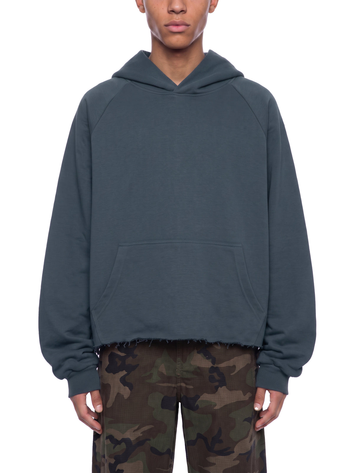 Unisex Vintage Wash Raw Edge Boxy Hoodie blue model front view
