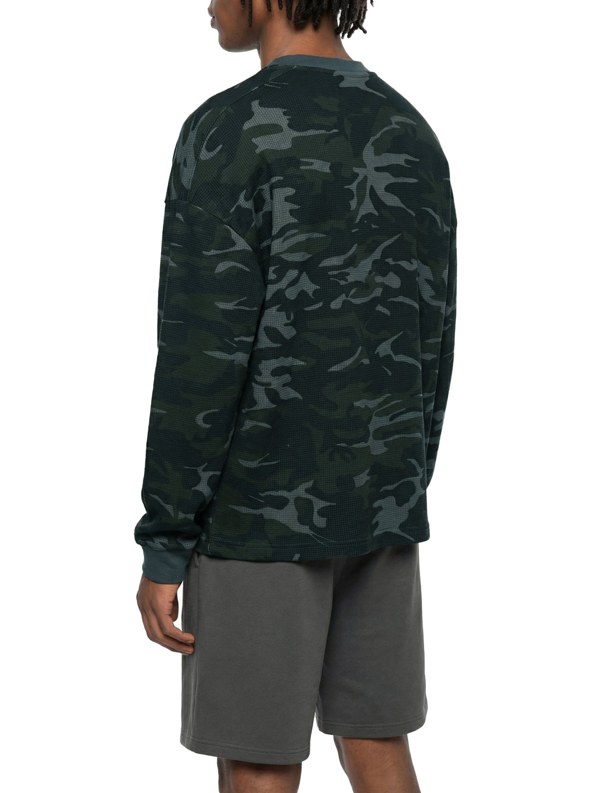 Off Script Waffle Boxy Long Sleeve T-Shirt - Gray Camo model side and back view