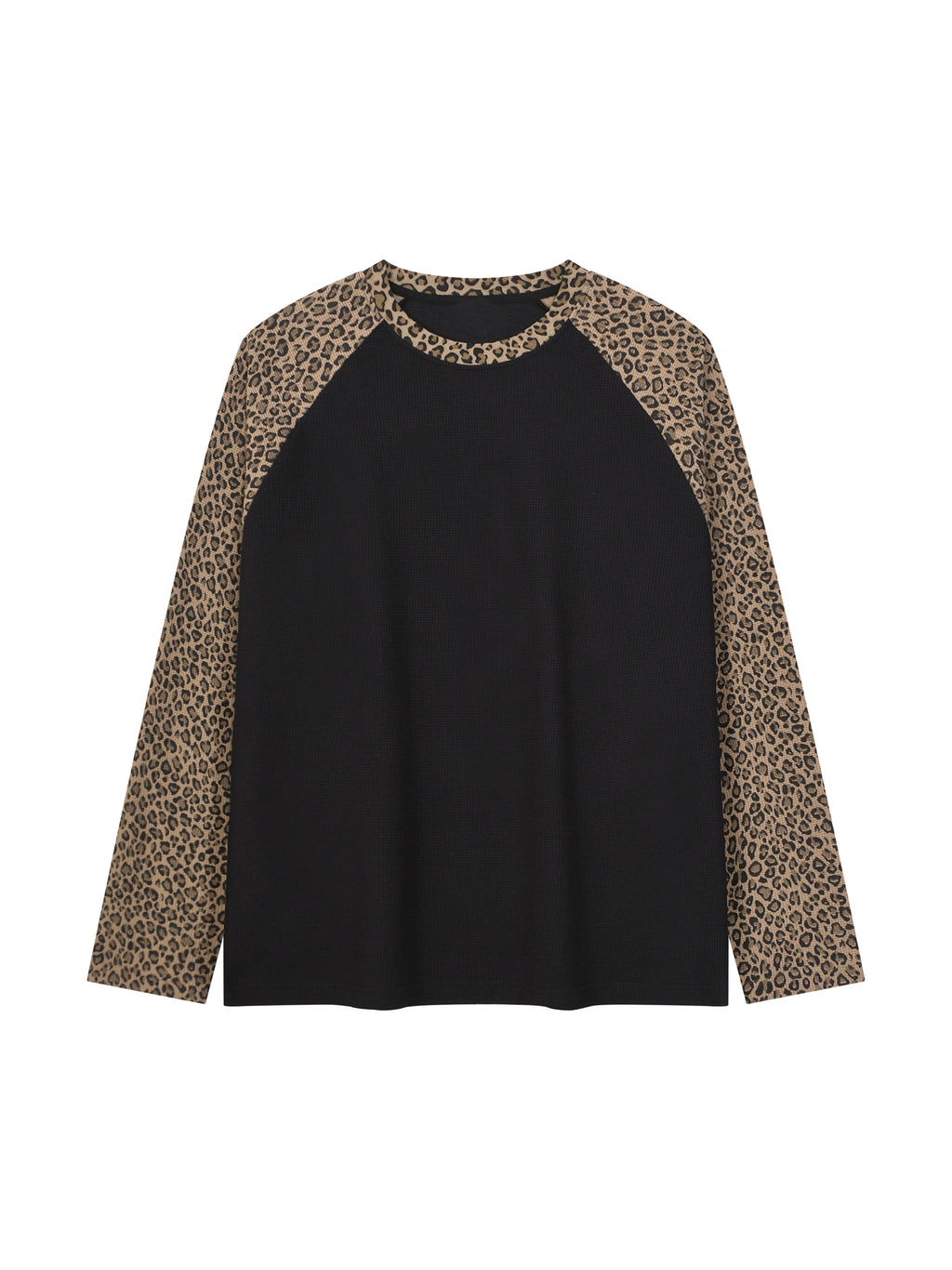 Off Script Leopard Panel Raglan Sleeve T-Shirt - Black with Leopard Brown front view