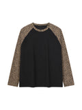 Off Script Leopard Panel Raglan Sleeve T-Shirt - Black with Leopard Brown front view