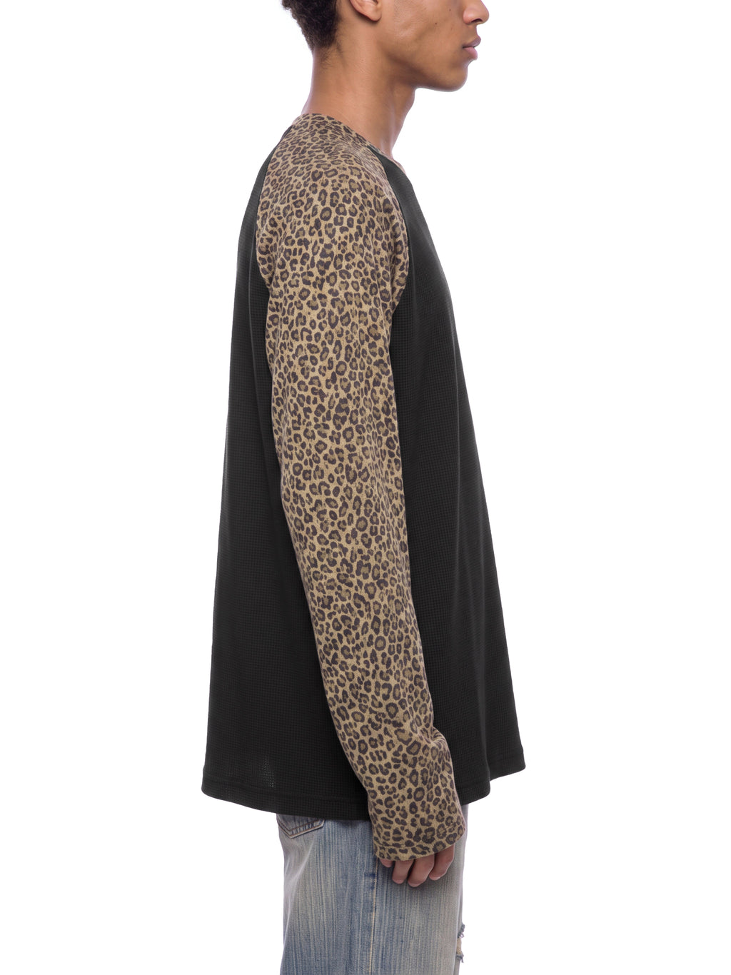 Off Script Leopard Panel Raglan Sleeve T-Shirt - Black with Leopard Brown model view 2