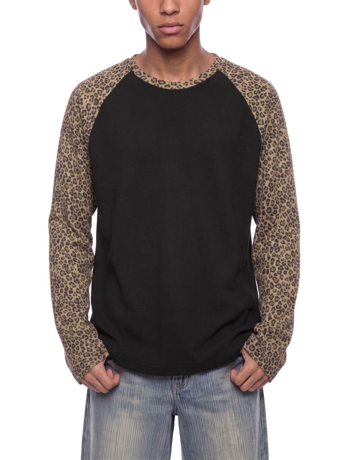 Off Script Leopard Panel Raglan Sleeve T-Shirt - Black with Leopard Brown model view 4