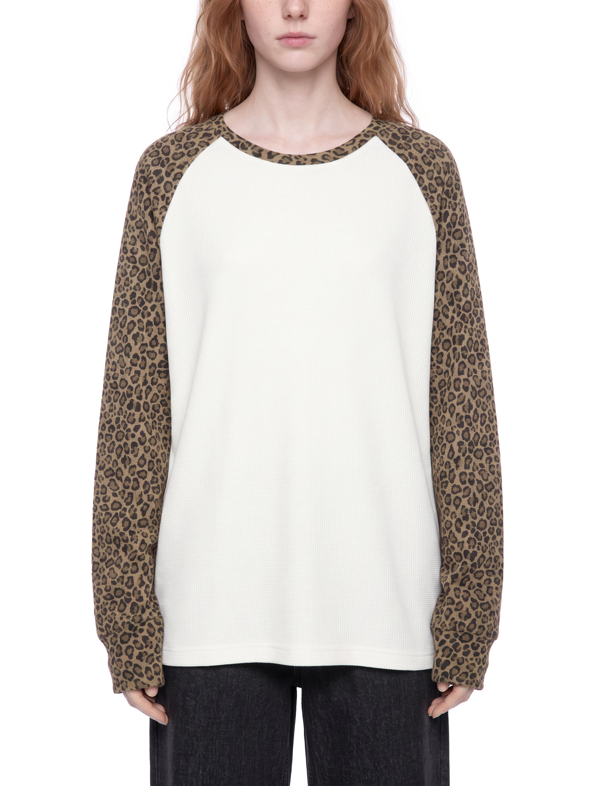 Off Script Leopard Panel Raglan Sleeve T-Shirt - White with Leopard Khaki model view 1