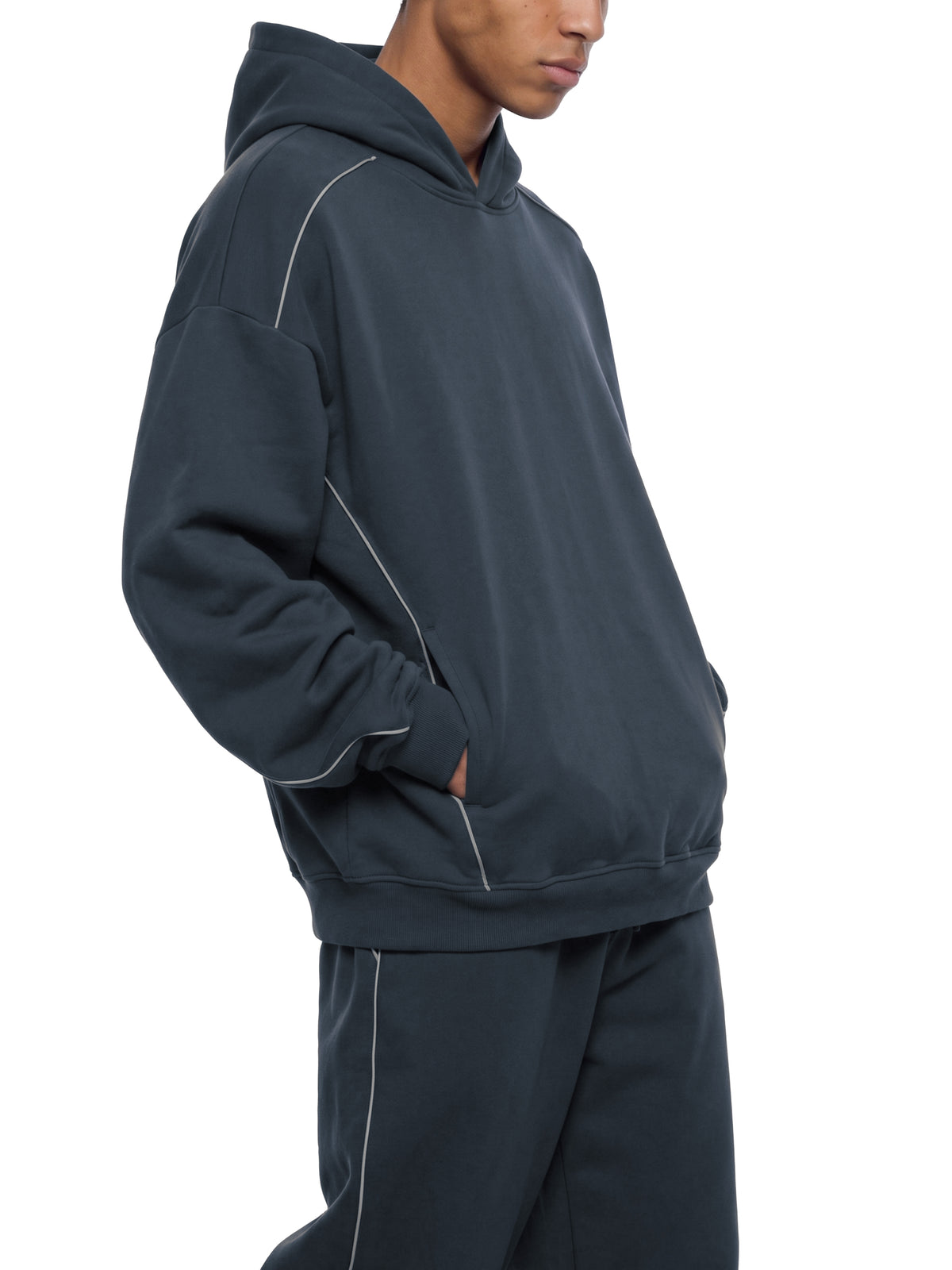 Unisex Oversized Piping Fleece Hoodie – model view 4