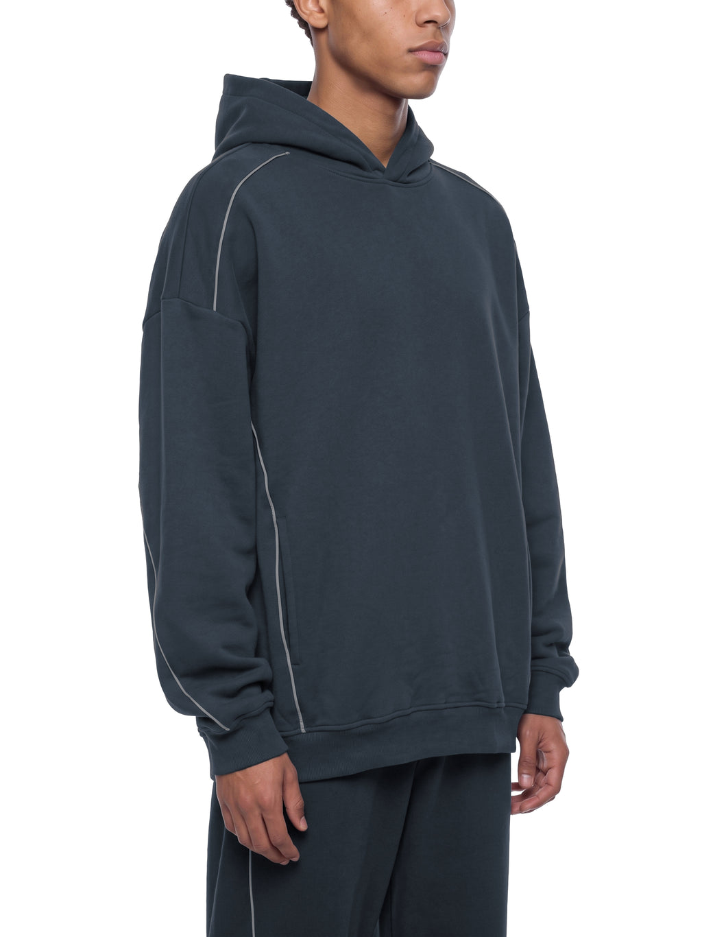 Unisex Oversized Piping Fleece Hoodie – model view 5