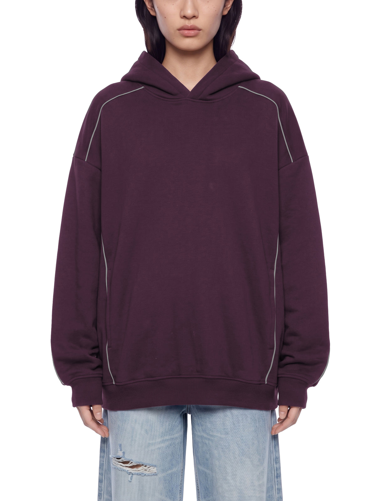 Unisex Oversized Piping Fleece Hoodie – model view 6