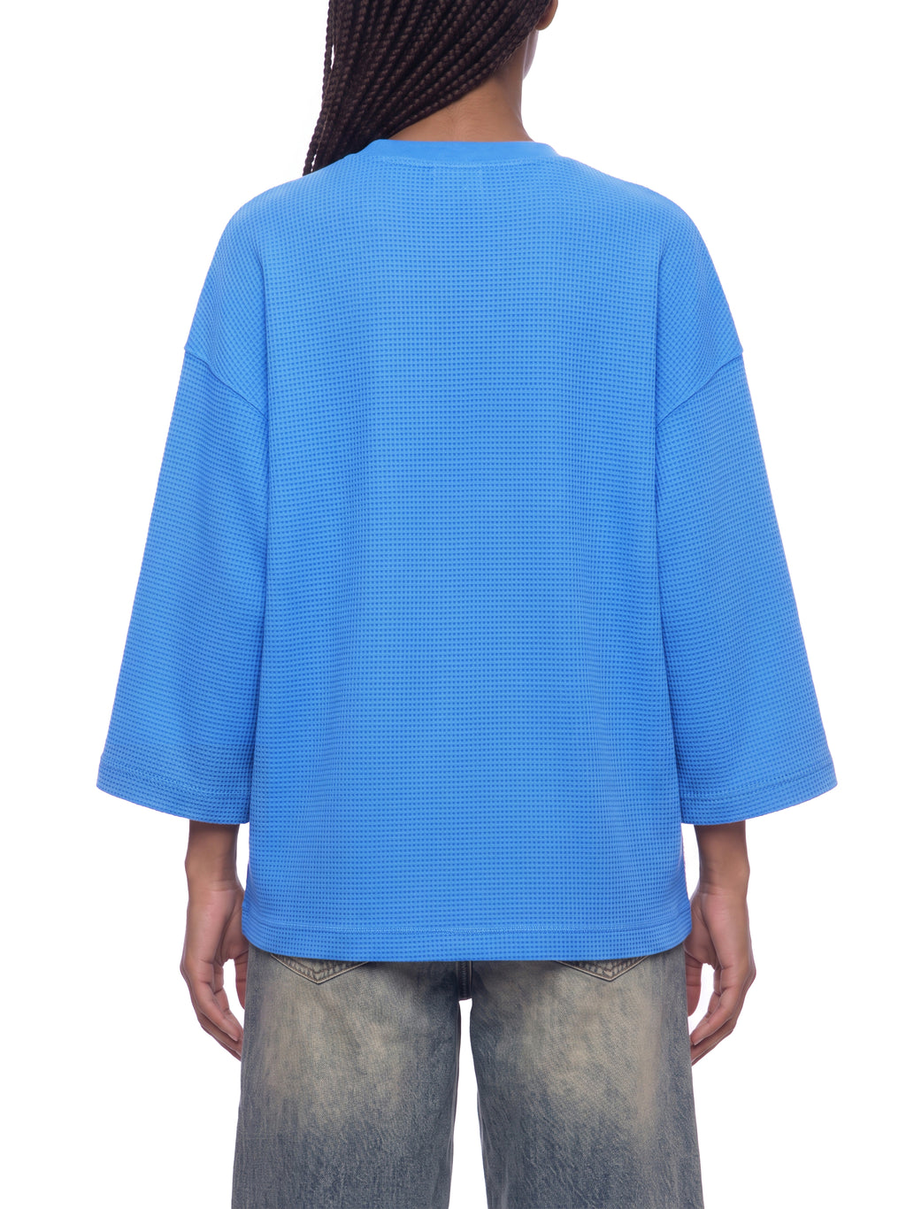 Off Script Waffle Boxy T-Shirt - Colourful Blue model back view
