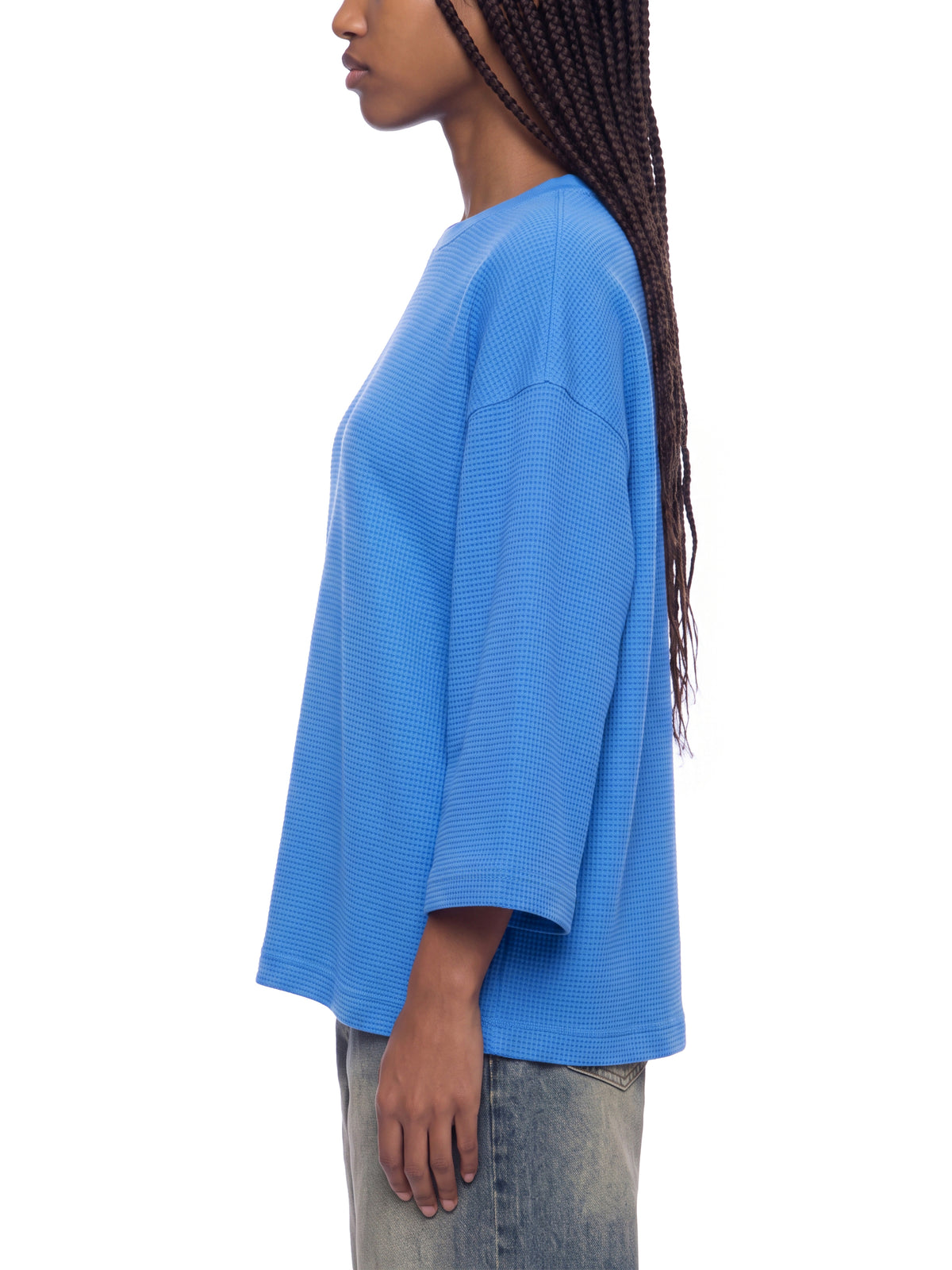 Off Script Waffle Boxy T-Shirt - Colourful Blue model side view