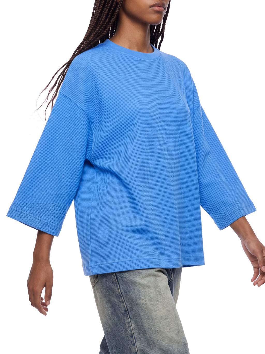 Off Script Waffle Boxy T-Shirt - Colourful Blue model walking view