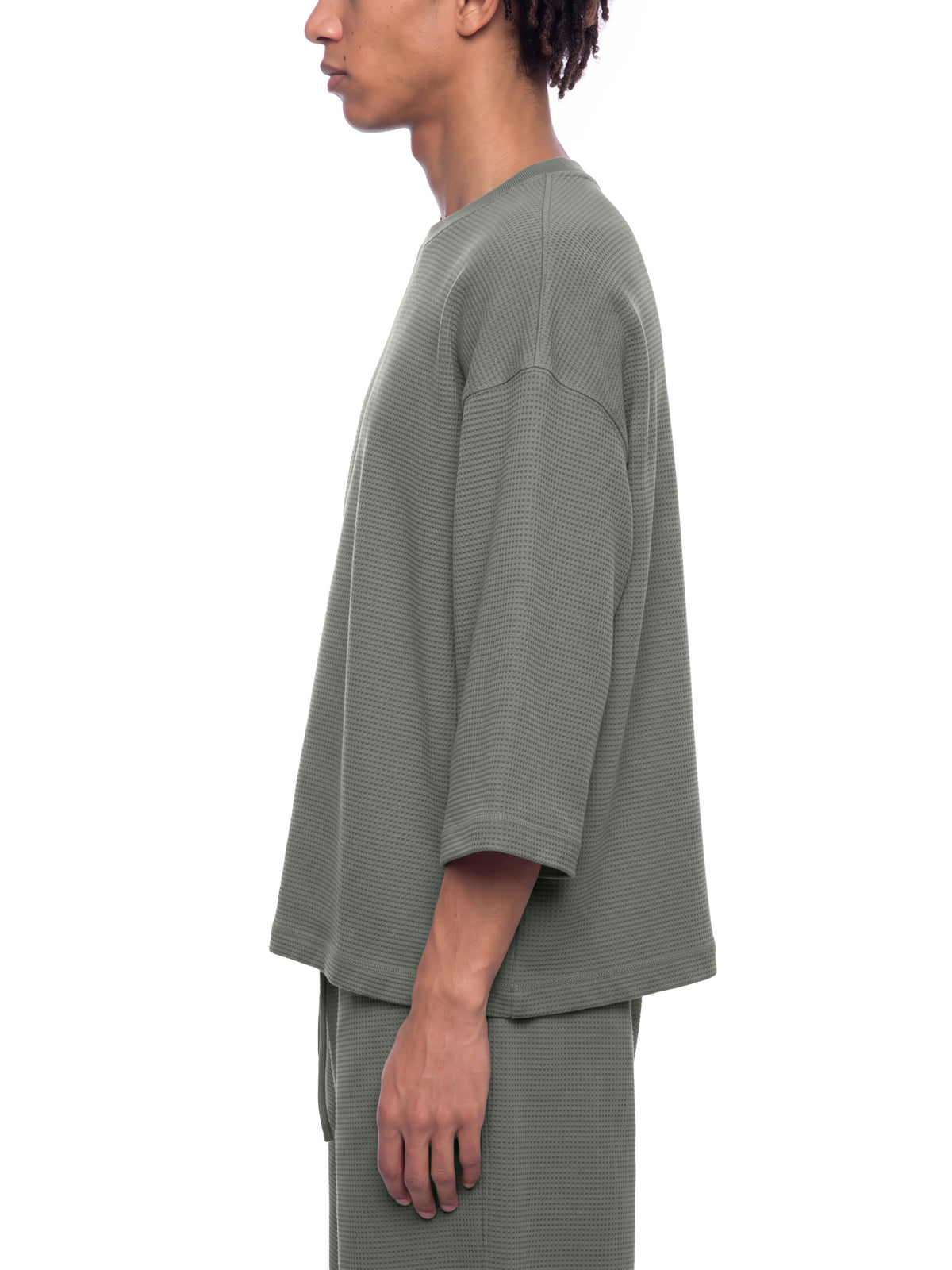 Off Script Waffle Boxy T-Shirt - Gray model side view