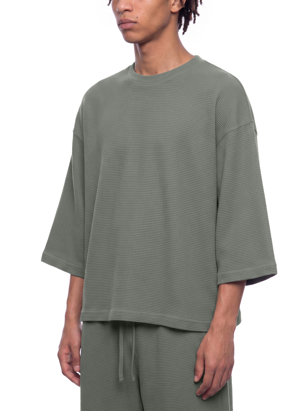Off Script Waffle Boxy T-Shirt - Gray model three-quarter view