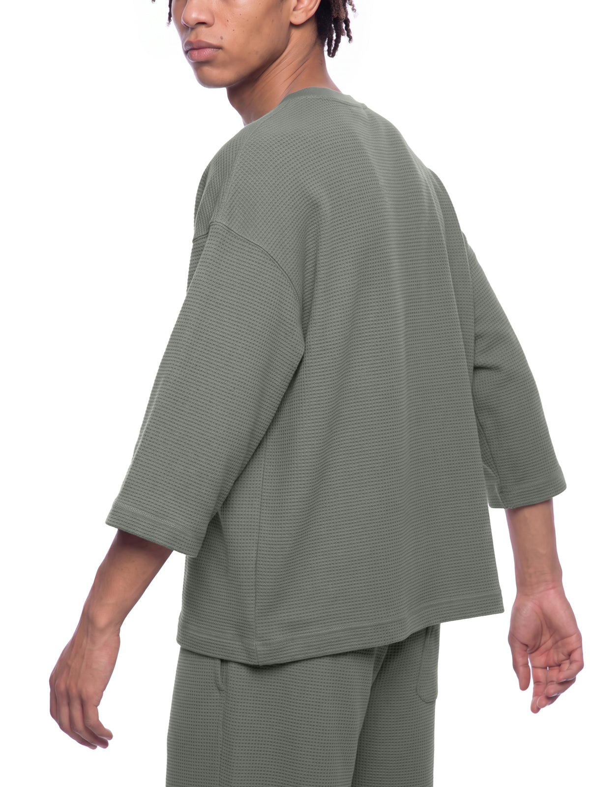 Off Script Waffle Boxy T-Shirt - Gray model walking view