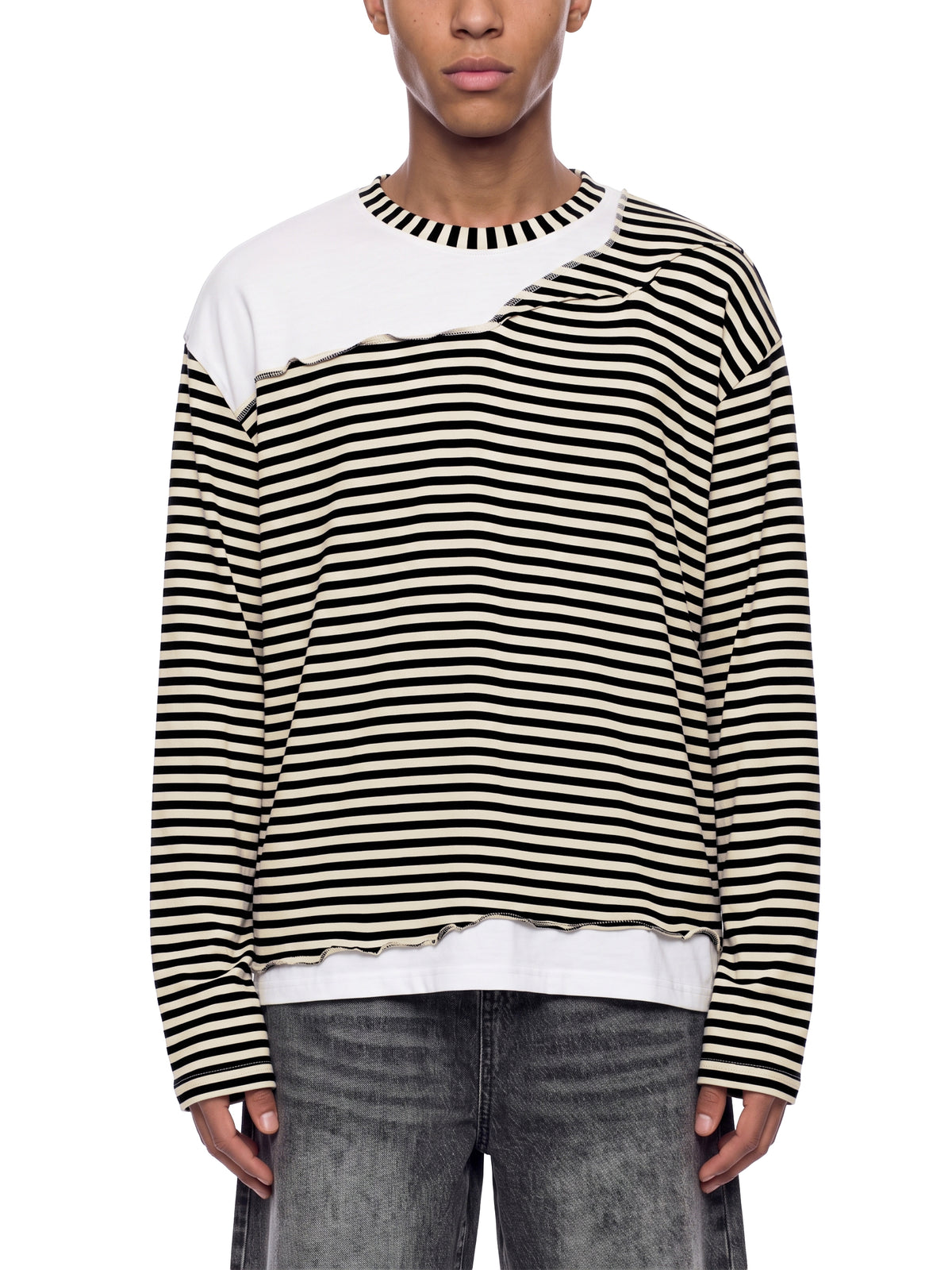 Unisex Striped Panel Boxy Long Sleeve T-Shirt – model view 1