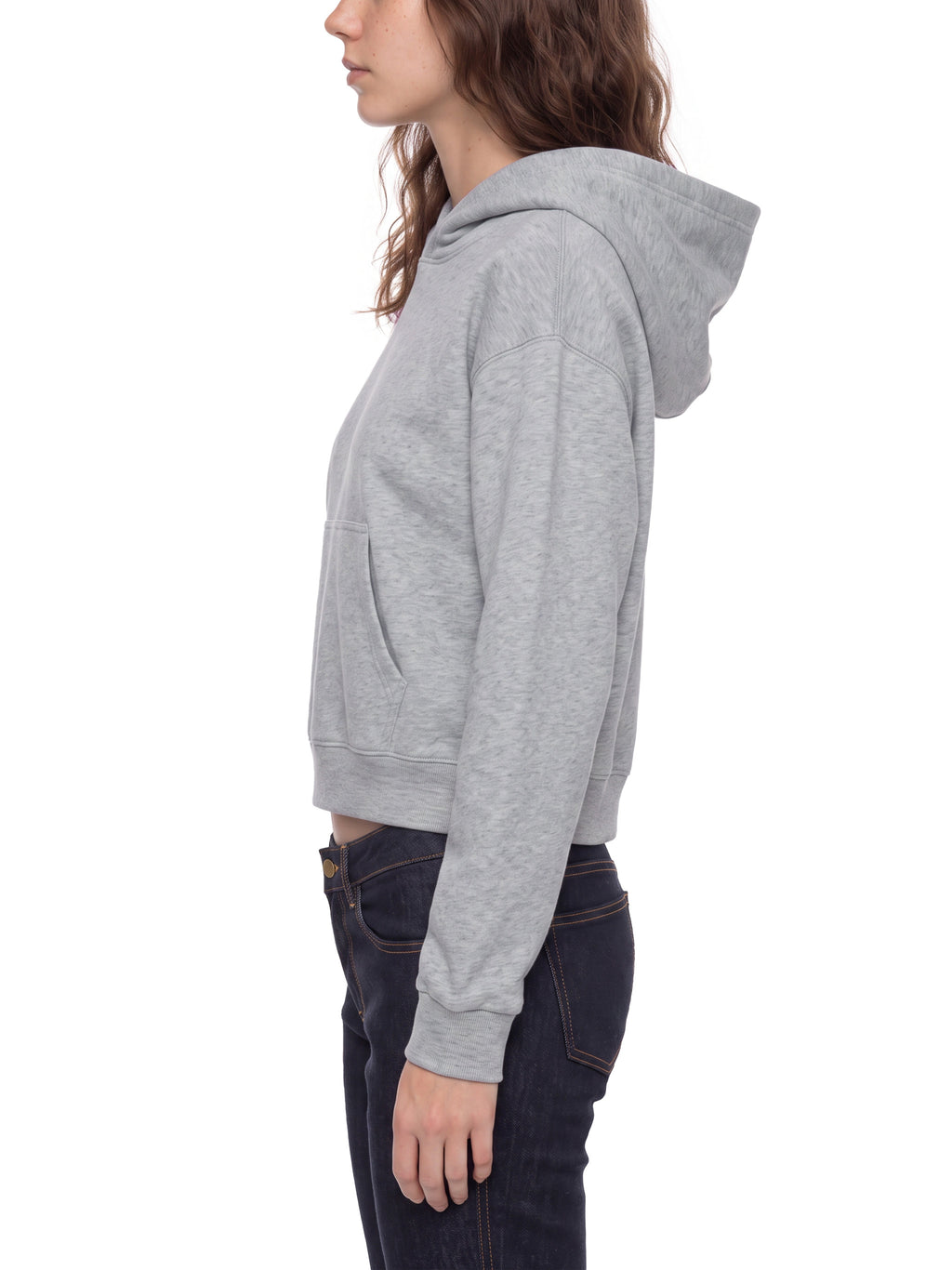 Women’s Crop Drop Shoulder Hoodie flower gray model side view