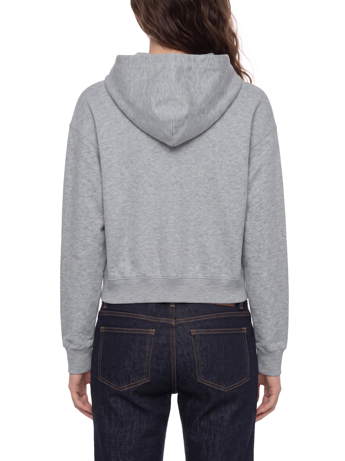 Women’s Crop Drop Shoulder Hoodie flower gray model back view