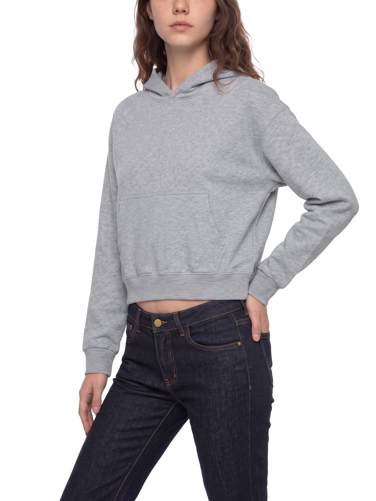 Women’s Crop Drop Shoulder Hoodie flower gray model angled front view