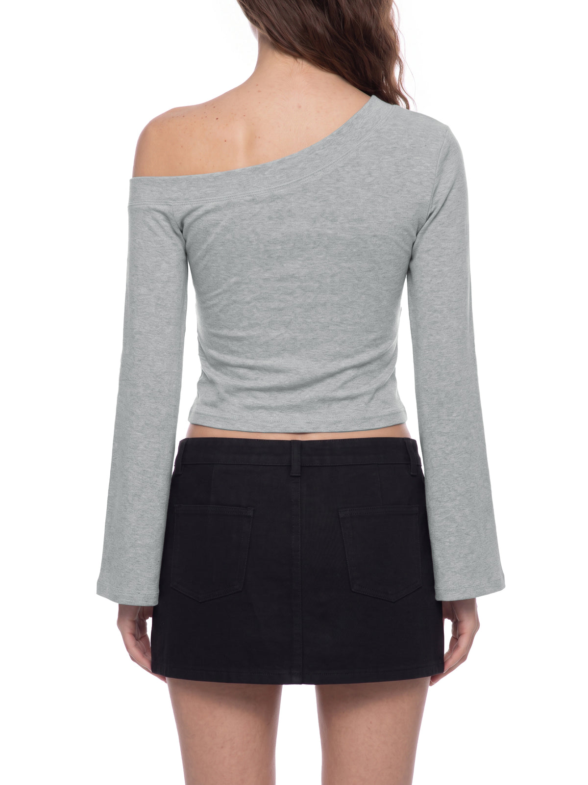 Women’s Off-Shoulder Bell Sleeve T-Shirt flower gray model back view