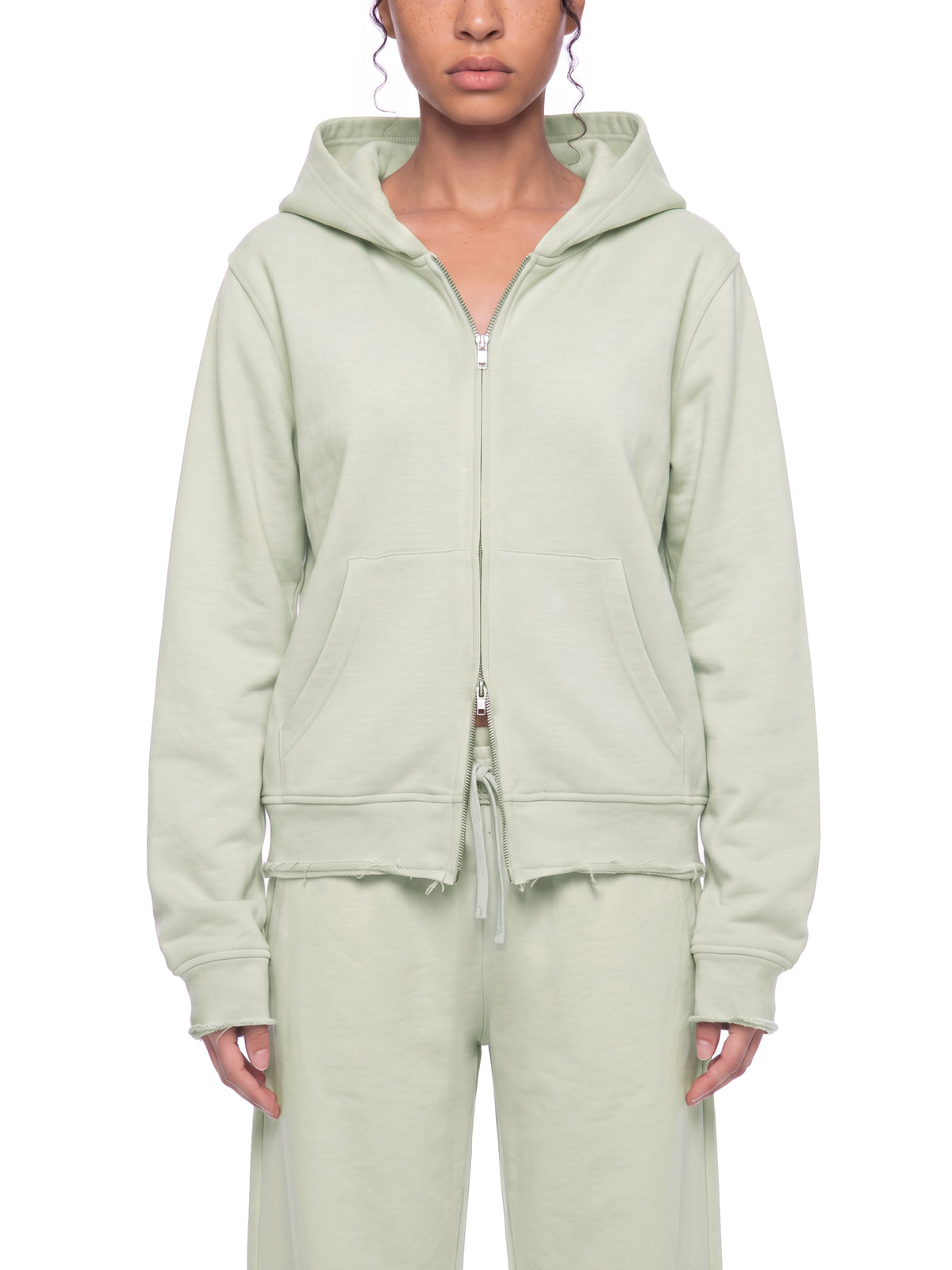 Women’s Raw Edge Full Zip Hoodie white gray model front view