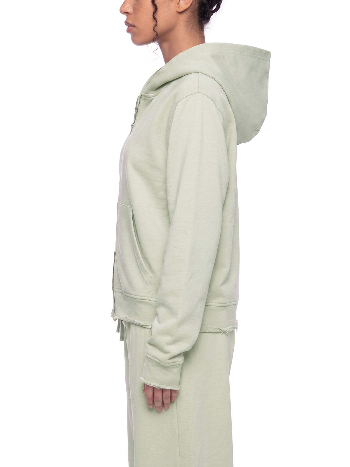 Women’s Raw Edge Full Zip Hoodie white gray model side view