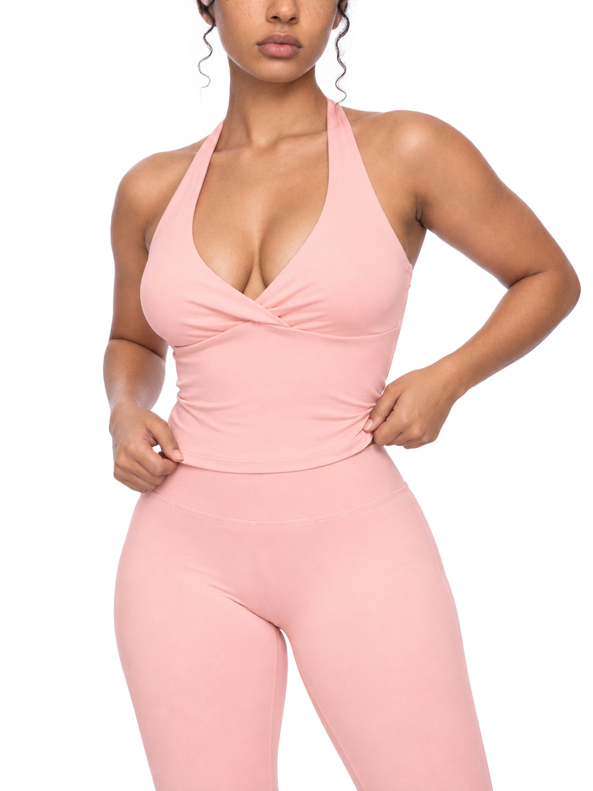 Women’s Ruched Halter Yoga Tank Top - Pink model angle