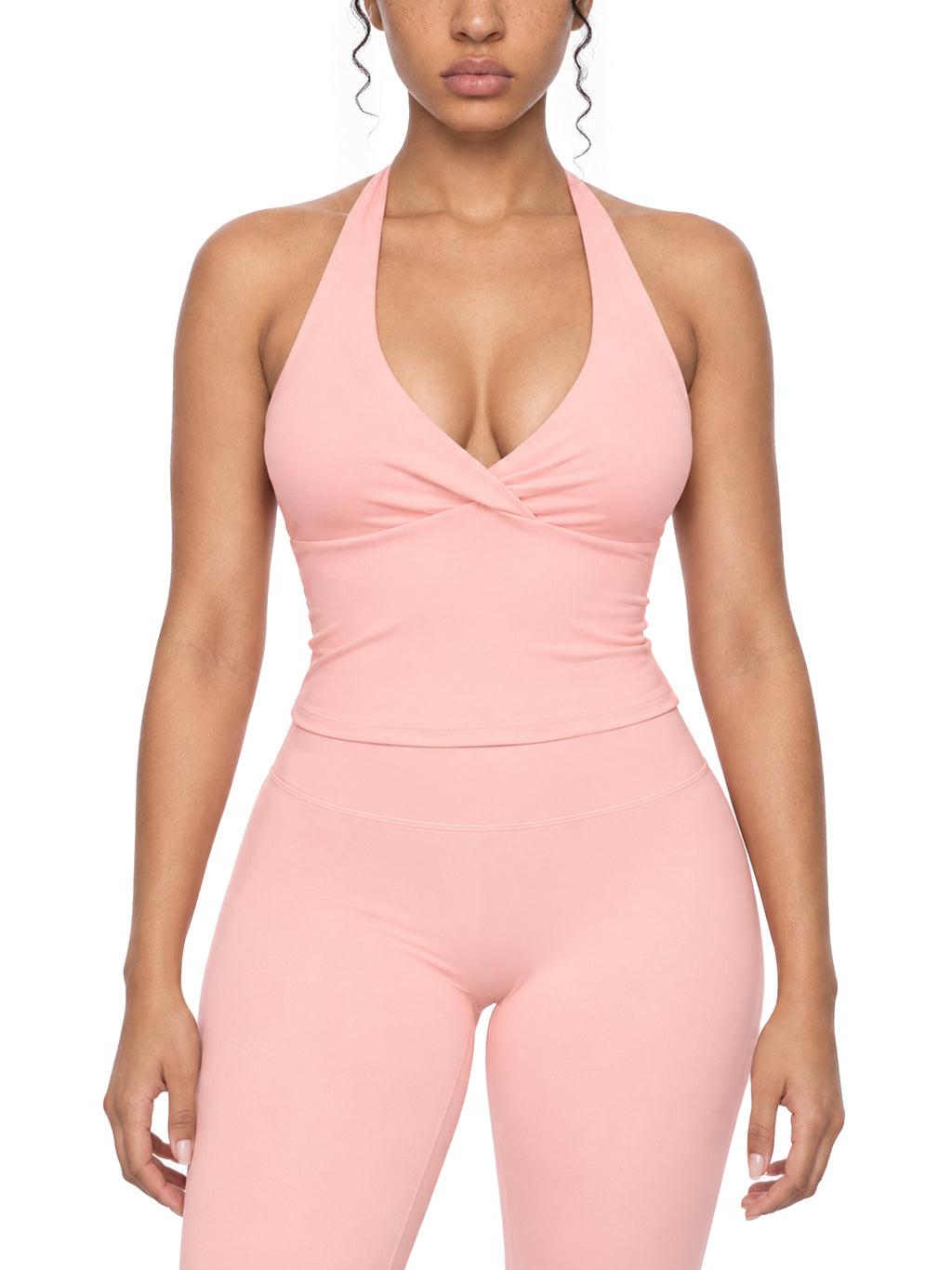 Women’s Ruched Halter Yoga Tank Top - Pink model front