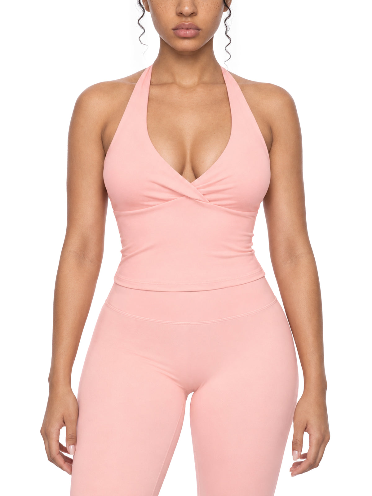 Women’s Ruched Halter Yoga Tank Top - Pink model front