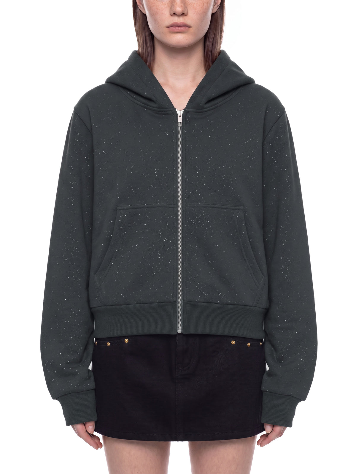 Women’s Sparkles Fleece Full Zip Hoodie dark gray model front view