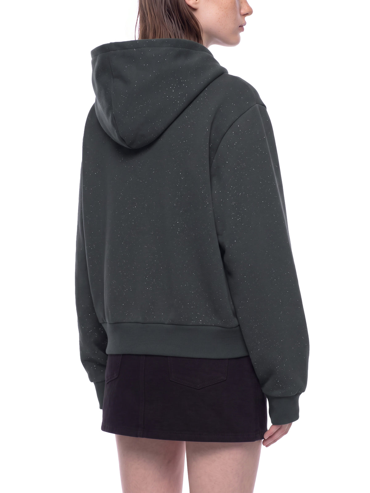 Women’s Sparkles Fleece Full Zip Hoodie dark gray model angled back view