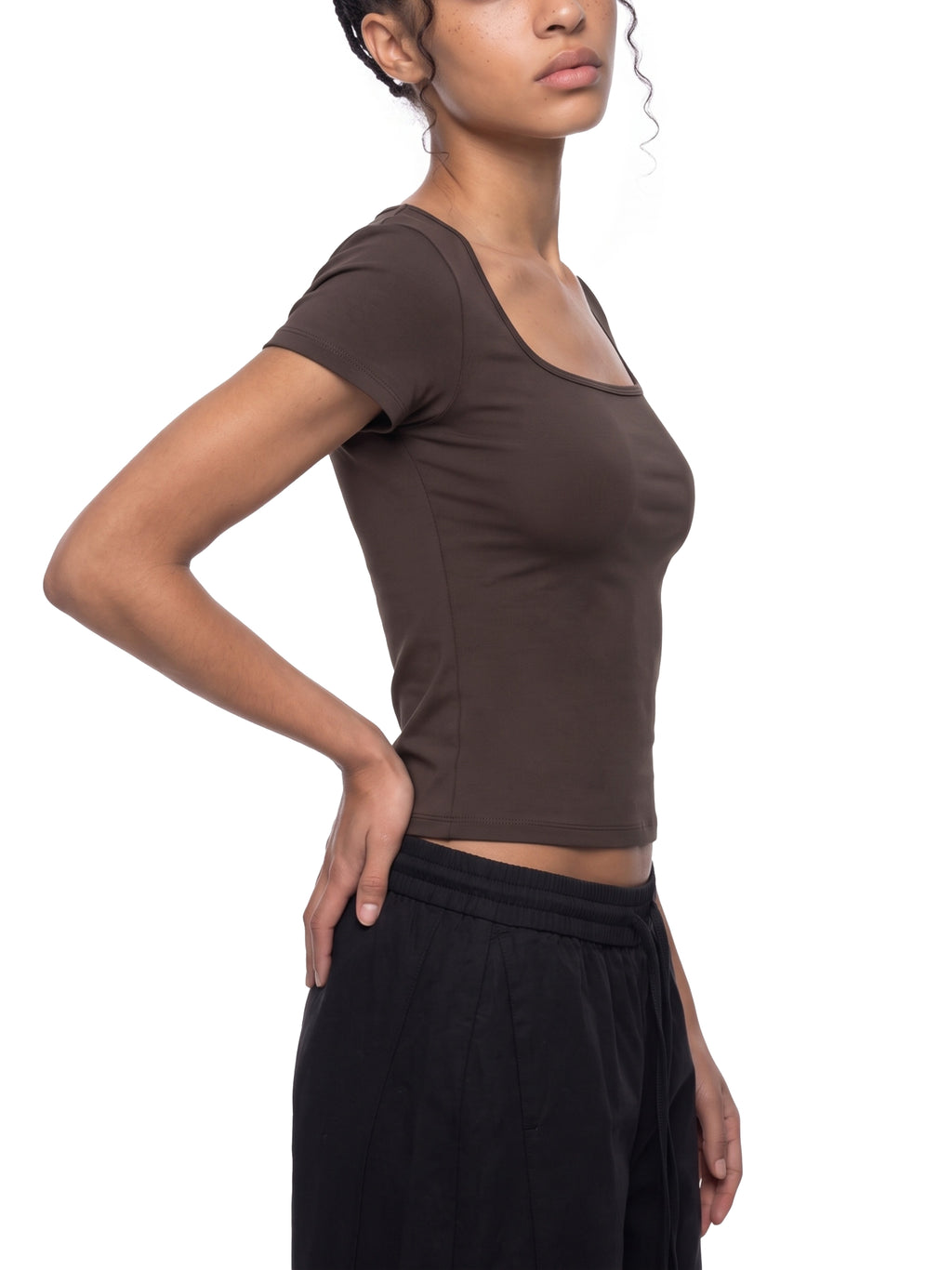 Women’s Square Neck Training T-Shirt - Brown model side angle