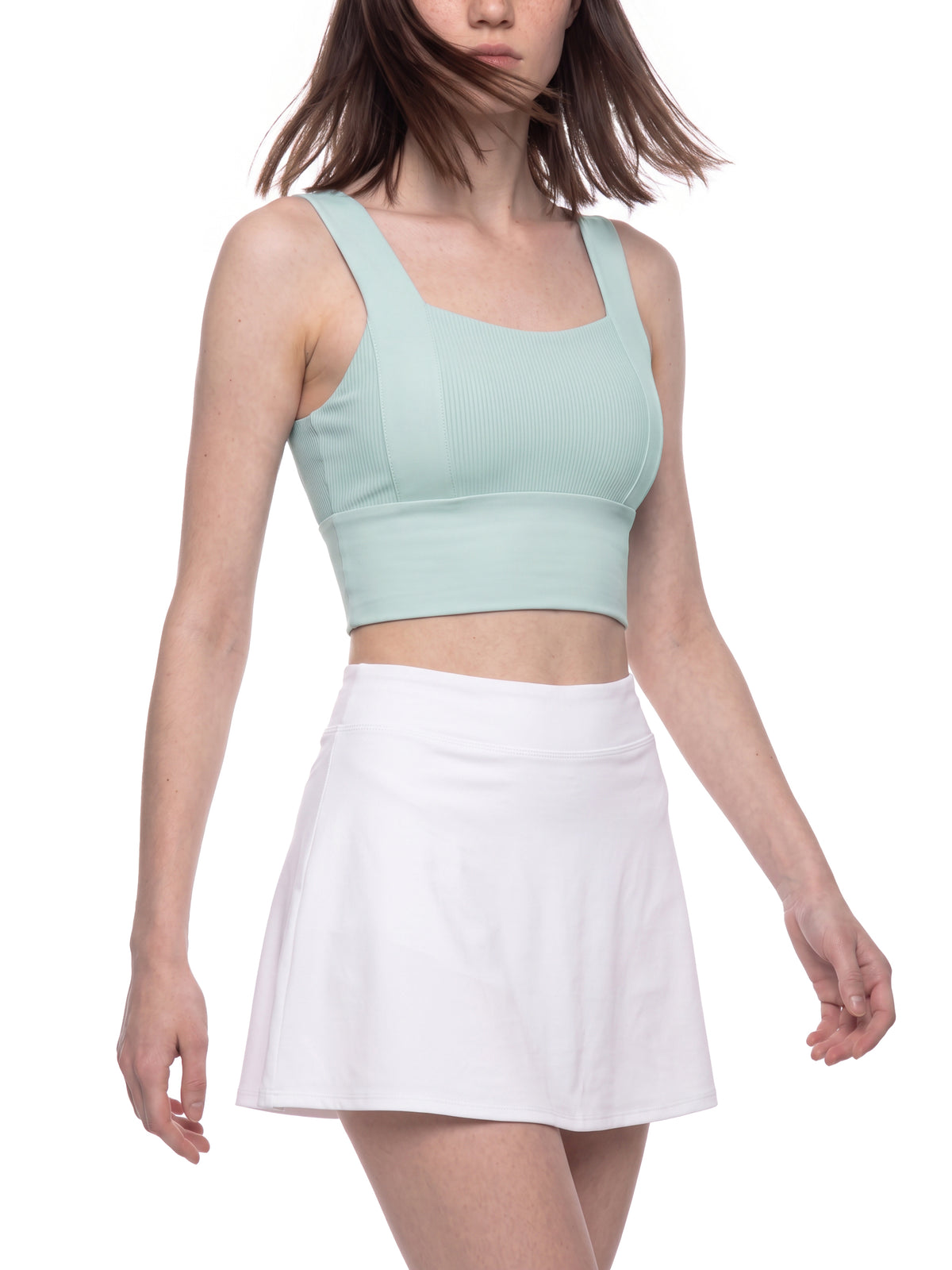 Women’s Yoga Crop Tank Top in Mint Green - model angled view