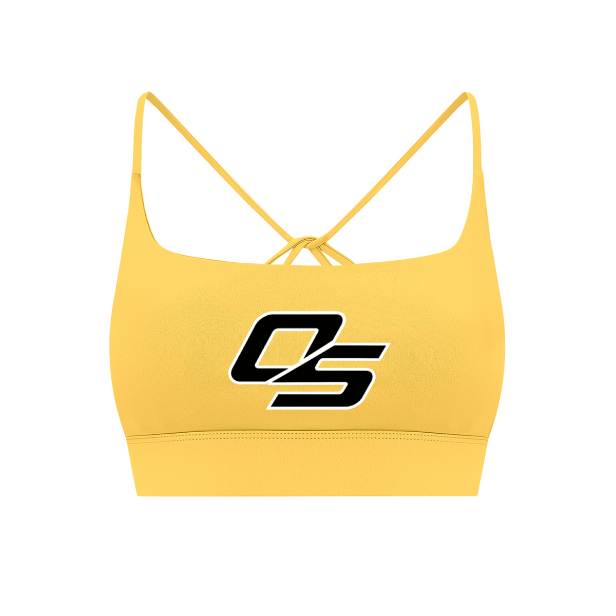 Yellow Off Script Women’s Strappy Criss-Cross Yoga Sports Bra V2 – front 3D mockup