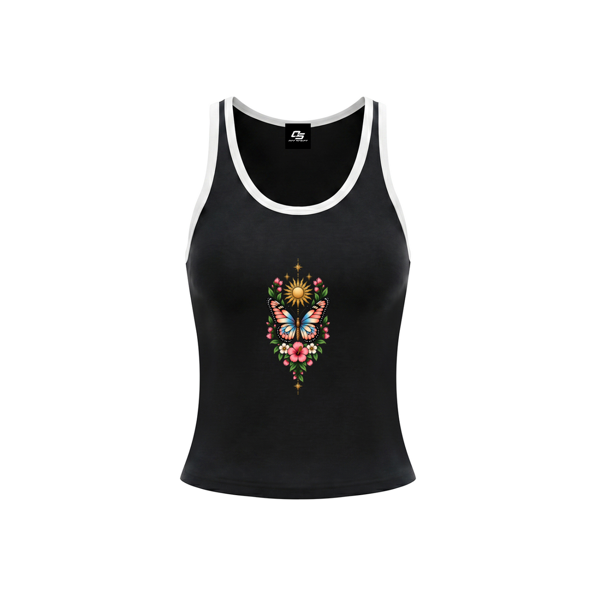 Celestial Butterfly Women’s Color Block Cropped Tank Top V6 - Black front mockup