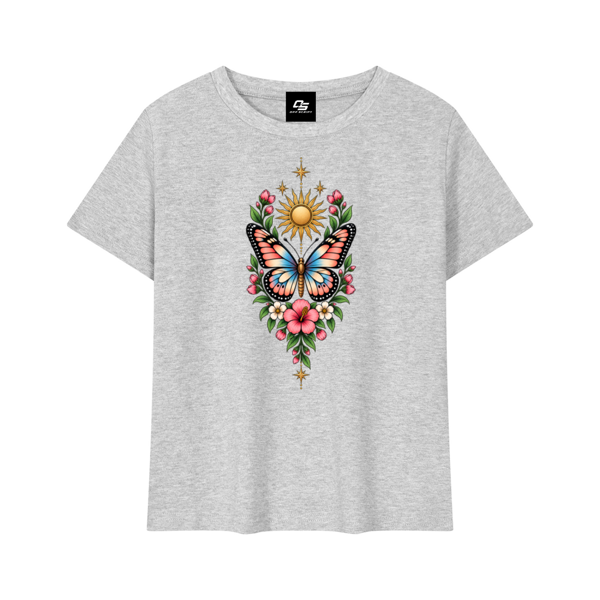 Women's Celestial Butterfly Quick-Dry Baby T-Shirt V2 in Flower Gray - front mockup